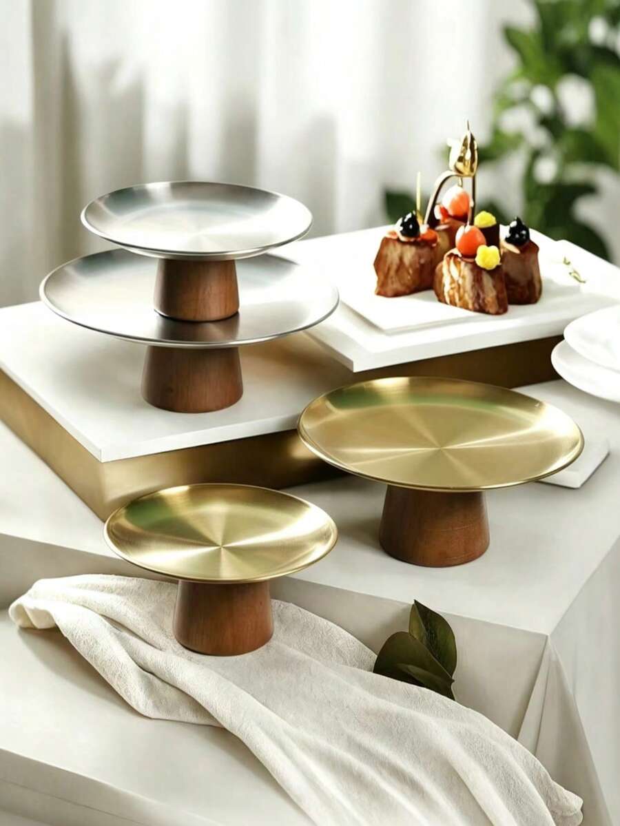 1pc Bamboo Wood Cake Stand With Wooden Base, Dessert Display Tray, Multi-Functional Fruit Platter, Suitable For Table Decor, Home And Kitchen Dining, Ramadan Use, Due To Lighting Reasons, There May Be Slight Color Difference Between The Actual Product And The Photo, Which Is Normal (Gold, Silver, Black Series, Comes With Adhesive Stickers, Easy To Operate, Manual Assembly Required)