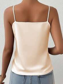 Summer Solid Color Casual Minimalist Satin V-Neck Camisole Top, Layering Or Outerwear - Apricot - View 2