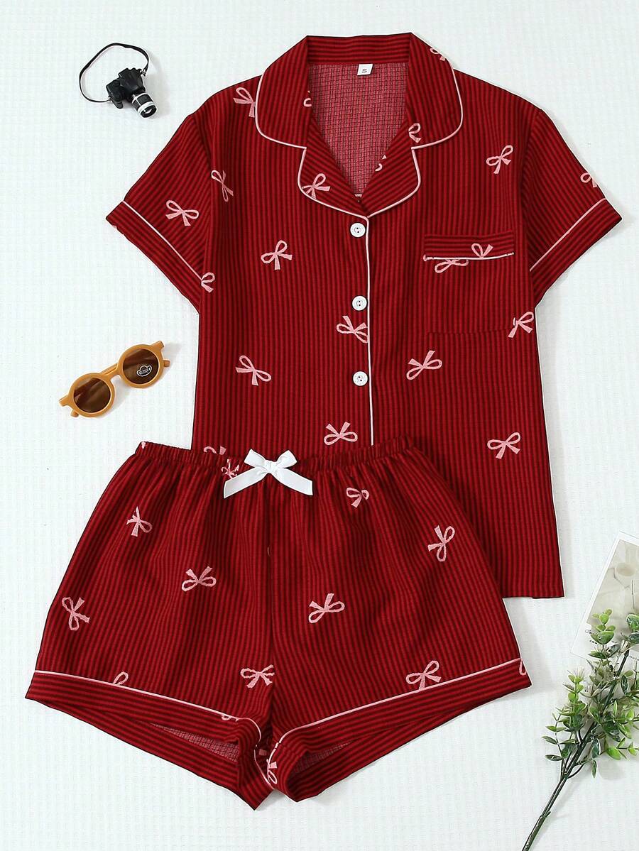2 piezas Conjunto de pijama de mujer con top de cuello polo de manga corta con estampado de rayas y lazo, y shorts con lazo, cómodo, para primavera/verano - Rojo - Ver 1