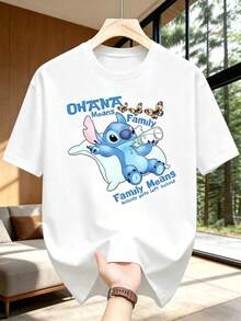 Disney Unisex Casual Round Neck Short Sleeve T-Shirt, Disney Ohana Means Family, Family Means Nobody Gets Left Behind Ohana Lilo & Stitich Stitch Drinking Milk Form Feeder Autism Awareness T Shirt - trắng - Xem 1