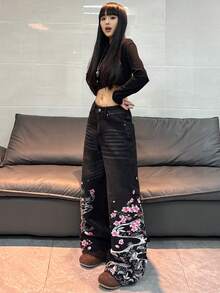 1 pieza Jeans anchos de mezclilla con bordado desgastado y ajuste holgado de estilo casual para mujer, pantalones versátiles de estilo callejero estadounidense para todas las estaciones (cinturón/accesorios no incluidos) Negro - Negro - Ver 7