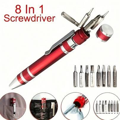 8-In-1 Multifunctional Portable Magnetic Screwdriver Tool Set, DIY Multifunctional Pen-Style Screwdriver Tool Kit - With 8 Common Screwdriver Bits (Hex/Flat/Magnetic Portable Tool, Durable Aluminum Alloy, Red Detachable Cover, Suitable For Electronics, Smartphones, Automotive, Home Repair