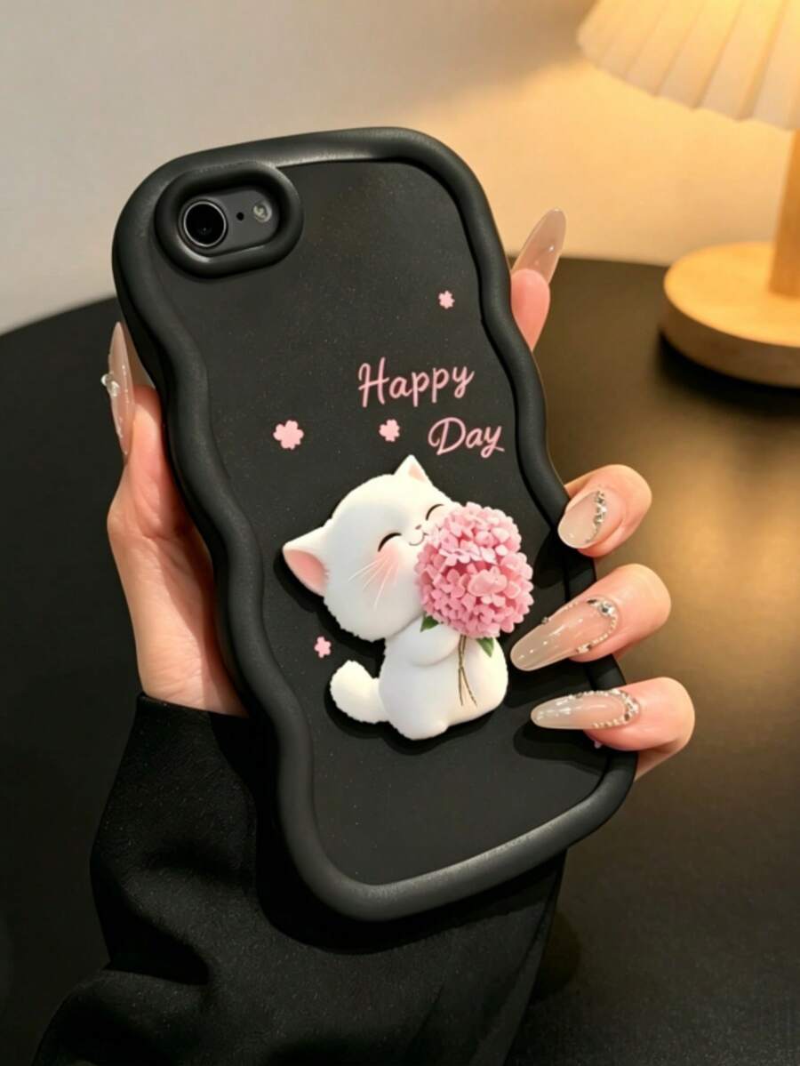 1pc Cute Bouquet Cat Printed Macaron Phone Case - Black - View 1