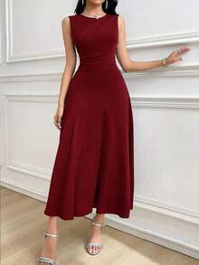 Vestido largo sin mangas de unicolor que ciñe la cintura para mujer - Burdeos - Ver 3