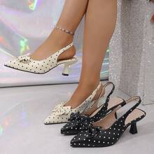 Teenagers' Solid Color Polka Dot Bow Pointed Toe Backless 6cm Stiletto Heel PU Soft Bottom High Heel Sandals, Suitable For Home, Dates, Campus, Parties, Vacation, Spring/Summer New Arrival - Black - View 8