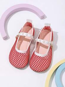 2026 New Girls' Flat Shoes - Black And Red Versatile Style, Mesh Embroidered, Pendant Decor, Pearl Accent, Cute Flat Sandals, Hook And Loop Design, Suitable For Vacation And Outfit Matching - Red - View 3