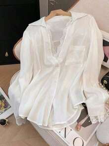 Elegant Semi-Sheer White Blouse With Long Sleeves And A V-Neck, Decorated With Delicate Contrasting Lace, For Spring - 白色 - 查看 1