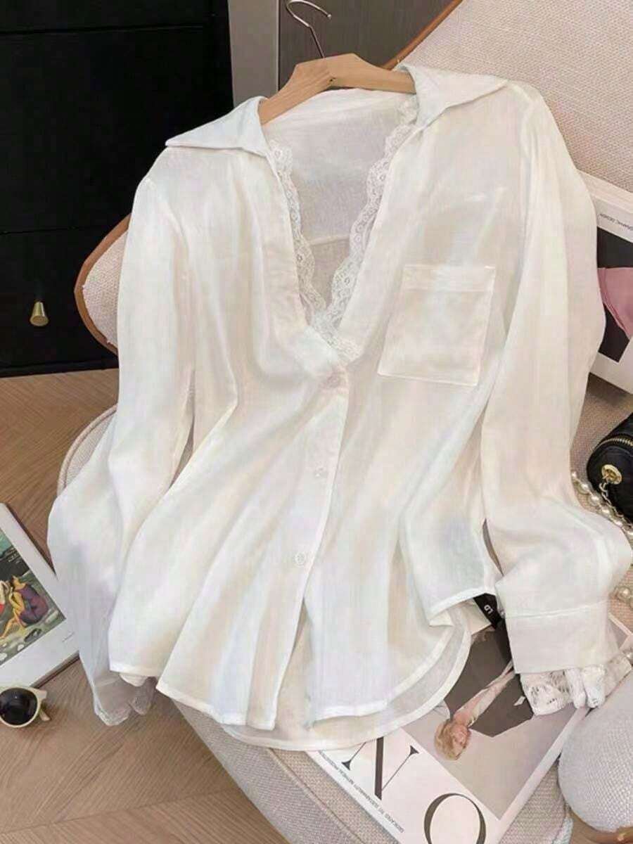 Elegant Semi-Sheer White Blouse With Long Sleeves And A V-Neck, Decorated With Delicate Contrasting Lace, For Spring - 白色 - 查看 1