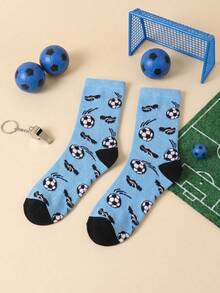 1 Pair Colorful Black & Blue Patchwork Mid-Calf Socks With Football & Soccer Shoe Patterns, Soft & Comfortable Unisex - Multicolor - View 4