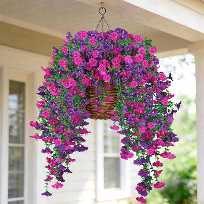 2 Bunches Of 90 Strands Realistic Outdoor/Indoor Decor, UV-Resistant Dual Purple Artificial Hanging Vines With Vibrant Purple & Red Flowers, Maintenance-Free Lifelike Floral Decor For Entryway, Porch, Balcony, Windowsill, Staircase, Fireplace - Ideal For Valentine's Day, Christmas, Easter, Halloween, Mother's Day, Garden Decoration, Winter Artificial Flower Decor