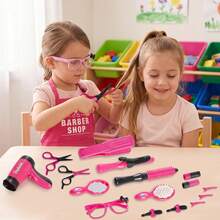 17PCS Children's Hair Salon Pretend Play Tool Toy Set, Wig Styling Set, With Hair Dryer, Barber Apron, Montessori Fine Motor Skill Training Toy, Hairstylist Accessories, Pink Barber Shop Role Play Set, Gift For Girls - Multicolor - View 1