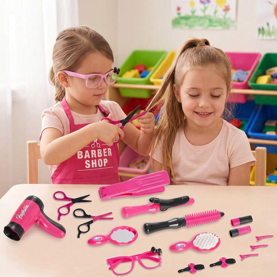 17PCS Children's Hair Salon Pretend Play Tool Toy Set, Wig Styling Set, With Hair Dryer, Barber Apron, Montessori Fine Motor Skill Training Toy, Hairstylist Accessories, Pink Barber Shop Role Play Set, Gift For Girls - Multicolor - View 1