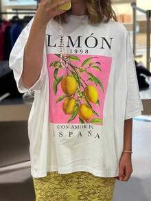 100% cotton Camiseta de Mujer con Estampado de Limones y Letras, Top de Manga Corta Adecuado para Todas las Temporadas, Camiseta de Mujer, Material de Algodón Cómodo, Amigable con la Piel, Suave y Fresca, Ropa de Verano para Mujer - Blanco - Ver 6