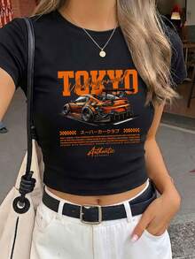 1 pieza Camiseta de mujer de manga corta y cuello redondo ajustada para el verano, con estampado gráfico de la cultura de los automóviles japoneses, camisa corta estilo Y2K,(1 Camiseta only) - Negro - Ver 2