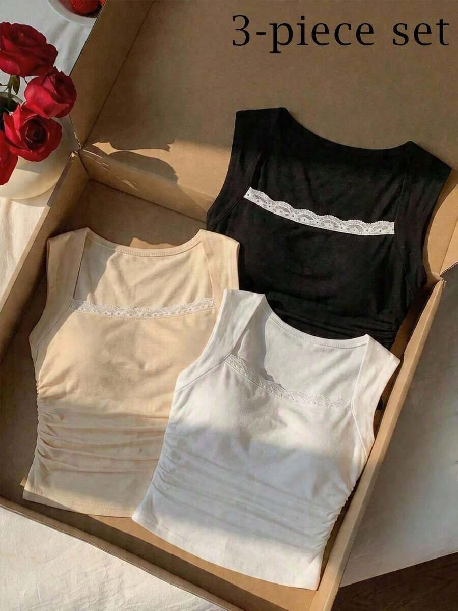 paquete de 3 Tops de tirantes para mujeres con cuello cuadrado acolchado, sin sujetador, ajuste delgado - Multicolor 3 - Ver 1