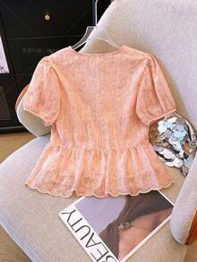 Blusa de mujer con escote en V bordada de estilo romántico francés de manga corta - Rosa Pálido - Ver 2