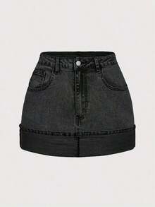 Minifalda de mezclilla lavada y desgastada de estilo casual para mujer, para el verano - Gris Oscuro - Ver 6