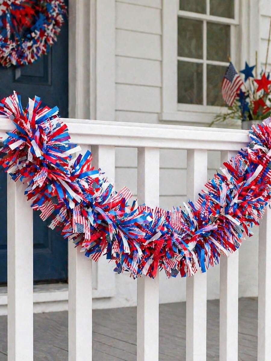4 Packs, Total 26.4ft Red White Blue Patriotic Metallic Sequin Fringe Trim With American Flag, Suitable For July 4th Independence Day, Veterans Day, Memorial Day, Labor Day, Patriotic Themed Party, BBQ, Parade Decor, Wreath Making, Gift Wrapping, Classroom Crafts And Holiday Table Decor