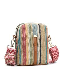 New Fashion Woven Texture Crossbody Bag, Colorblock Striped Straw Woven Bag, Bohemian Style Adjustable Shoulder Strap, Suitable For Beach, Travel, Vacation - Blue - View 6