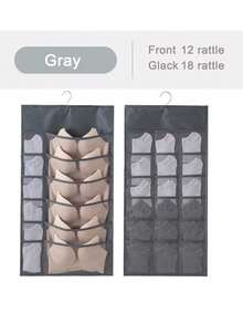 1pc Double-Sided Hanging Closet Organizer, Multi-Pocket Underwear & Bra Storage, Space-Saving Wardrobe Hanger With Hook - Grey - View 10