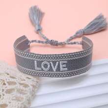 1pc Embroidered Love Letter Boho Handmade Tassel Braided Bracelet - Grey - View 4