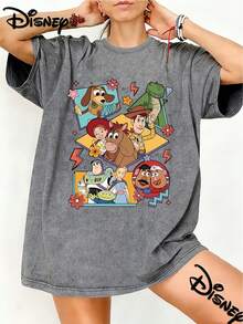 Disney Toy Story Role Splicing With Stars And Flowers Decorative Fun Cartoon Print Design  Oversized Fashion Old T-Shirts, Street Style Retro Fashion Lovers In Spring And Summer Of 2026 Popular Old Round Neck T-Shirts, Unisex, Excellent Gifts. - Xám - Xem 1