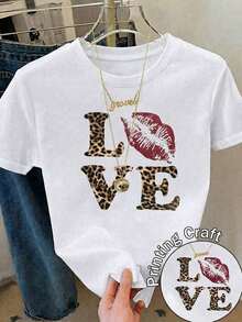 [Entrega Local]Playera Para Mujer Camiseta Casual de Mujer de Poliéster de Manga Corta con Cuello Redondo y Diseño de Estampado de Leopardo con Motivo de Amor - Blanco - Ver 11
