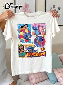 Disney Official Authorization | Women's 100% Cotton Printed Short Sleeve T-Shirt. Features A Print Of Lilo & Stitch. This Loose-Fit T-Shirt Is Suitable For Disney Fans Of All Ages, Making It An Ideal Choice For Vacations, Outings, And Daily Casual Wear.--Disneys Disneyland Paris The Magic Kingdom Disneyesque The House Of Mouse Mickey Mouse Empire Modest Summer Outfits Take That T Shirt Summer Coord Tops For Women Summer Summer Clothes Women Summer Clothes Summer Tops Summer Tops Women Summer Co Ord Summer Top Summer Outfits White Top Black Top Holiday Outfits For Women  Tops For Women Summer Holiday Gifts Valentine's Day Gifts Earth Day Gifts Oktoberfest Gifts Summer Bank Holiday Gifts - White - View 1