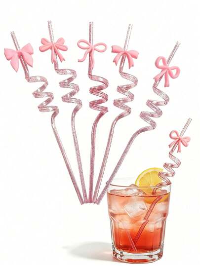 5/10pcs Reusable Plastic Spiral Bow Decorative Straws, Shiny Bow Shaped Plastic Straws, Durable & Colorful, Suitable For Beverages, Great For Parties, Picnics And Daily Use