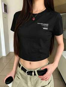 女士百搭黑色撞色字母印花露脐上衣，简约Y2K街头风休闲沙滩日常修身性感T恤，夏季 - 黑色 - 查看 5