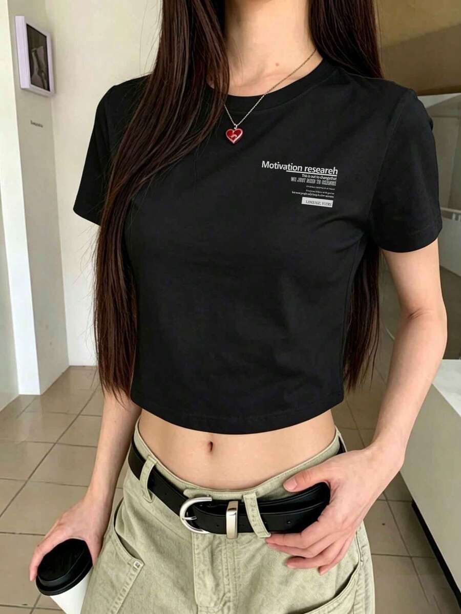 女士百搭黑色撞色字母印花露脐上衣,简约Y2K街头风休闲沙滩日常修身性感T恤,夏季 - 黑色 - 查看 1