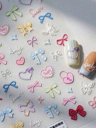 1pc 5D Embossed Japanese Kawaii Colorful Bows Nail Art Stickers Cartoon Sweet Bowknot Ribbon Manicure Decals For Women Whimsical Treat Nail Stickers For Long Short Nails Self Adhesive Decoration