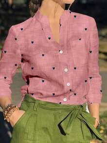 Camisa de mujer de manga larga con botones y bolsillos, con estampado romántico de corazones, adecuada para otoño, invierno y primavera - Rosa - Ver 1