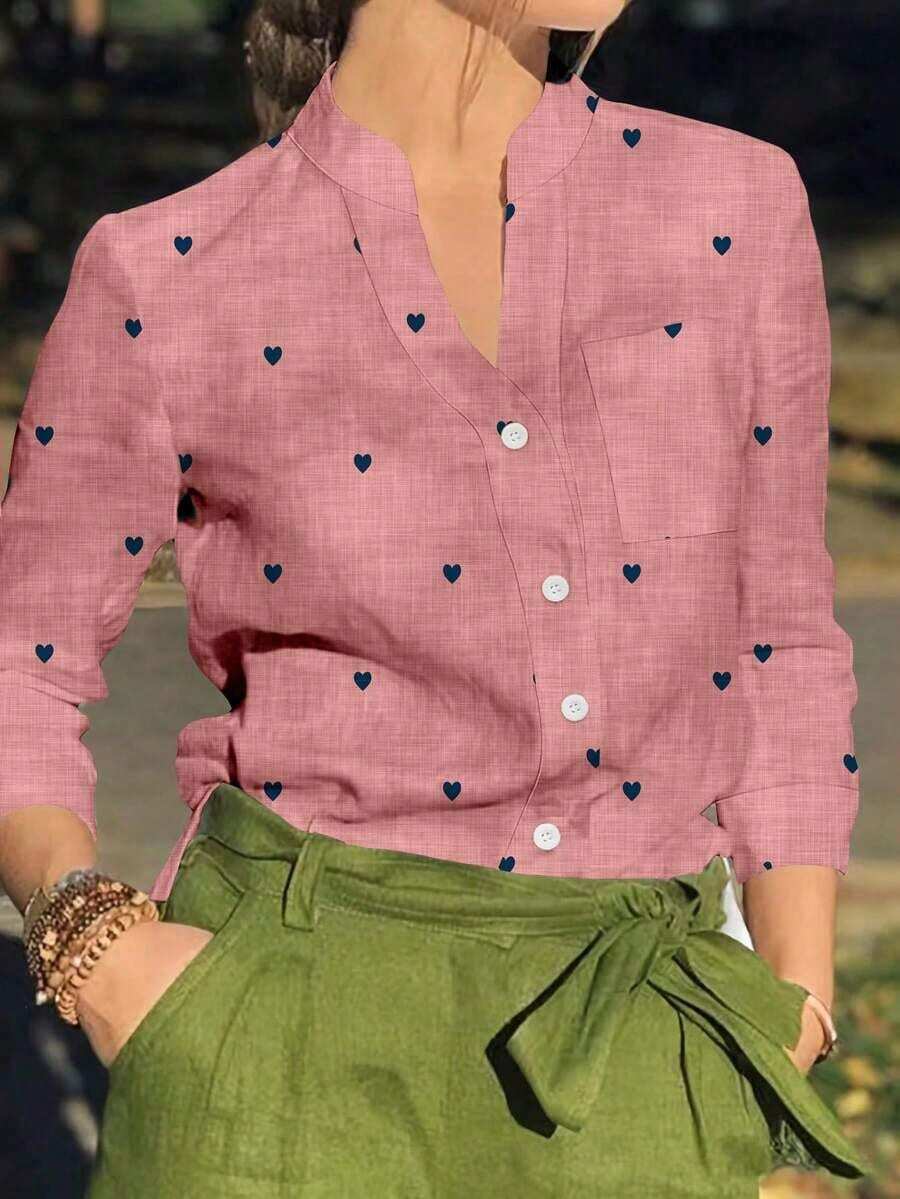 Camisa de mujer de manga larga con botones y bolsillos, con estampado romántico de corazones, adecuada para otoño, invierno y primavera - Rosa - Ver 1