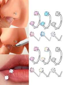 2/6 Peças Argolas de Nariz em Forma de Ferradura com Piercing de Nariz em Formato de L, Anel de Nariz de Aço Inoxidável 18G com Zircônia Cúbica Arco-Íris, Piercing de Lábio, Sobrancelha, Hélice e Orelha para Mulheres e Homens - Multicolorido - Visão 1