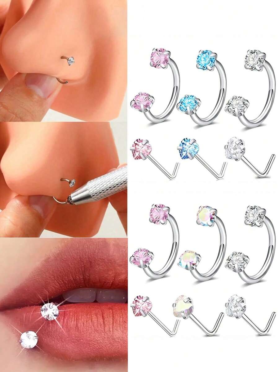 2/6 Peças Argolas de Nariz em Forma de Ferradura com Piercing de Nariz em Formato de L, Anel de Nariz de Aço Inoxidável 18G com Zircônia Cúbica Arco-Íris, Piercing de Lábio, Sobrancelha, Hélice e Orelha para Mulheres e Homens - Multicolorido - Visão 1