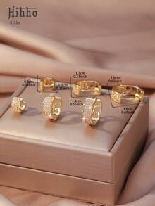 Hihho 3 Pairs Of Fashionable Gold-Tone Cubic Zirconia Hoop Earrings Set, Featuring 3 Different Styles Of Copper Plated Gold + Zirconia Earrings, Providing Layered Designs And Secure Wear, Luxurious And Accessories Suitable For Various Occasions - Yellow Gold - View 8