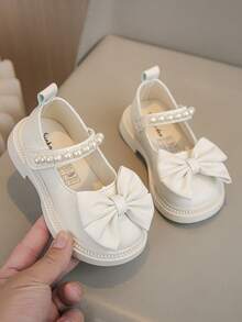 1 par de zapatos planos de estilo princesa con decoración de lazo y acento de perlas para niñas, adecuados para la primavera - Beis - Ver 2