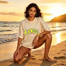 Casual Oversized Style Women's T-Shirt Kangol Logo Print Summer Beach Wear Gift For Her - 白色 - 查看 2