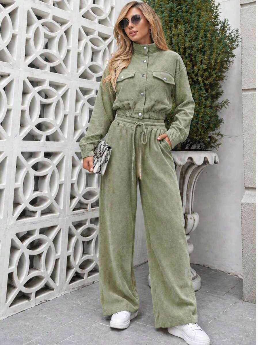 Women's Corduroy Long Sleeve Two-Piece Set, Elegant Casual Aerolook, Perfect Fit, Jacket With Buttons And Functional Pockets, Sizes M And L, Premium Quality, Various Colors Available, Autumn/Winter Season, Warm - 綠色 - 查看 1