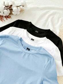 Set de 3 camisetas de cuello redondo de manga corta de ajuste ceñido para mujer, 95% algodón, en negro, blanco y gris, adecuadas para todas las estaciones, interior y exterior, con estilo vintage y lindo para verano, para salidas de verano, en casa, vuelta al colegio, otoño, camisetas básicas versátiles para mujer en paquete de 3 unidades - Multicolor 7 - Ver 5