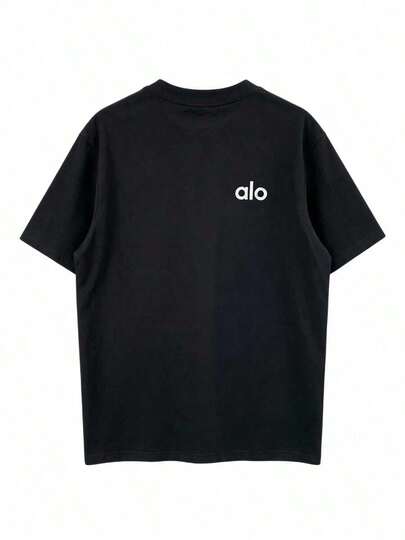  Alo Yoga Black T-Shirt With Side Logo, Loose Fit, Short Sleeve, Sporty & Casual, Unisex Top