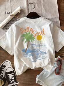 Tops d'été[Impression double face]Top décontracté d'été pour femmes Style peint à la main Cocotiers et vagues Imprimé SALTY SOUL T-shirt à manches courtes en coton pur à col rond[LingK]t-shirt en coton - Blanc - Voir 2
