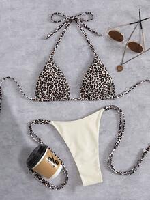 2 piezas Conjunto de bikini de mujer con estampado de leopardo y cordones sexy, adecuado para playa, resort, actuaciones en el escenario y vacaciones - Amarillo - Ver 3