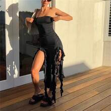 2024 verano Maxi vestido de mujer Vintage elegante negro moda sin mangas ajustado espalda descubierta Irregular borla vestidos de fiesta bata de calle - 979-negro - Ver 3