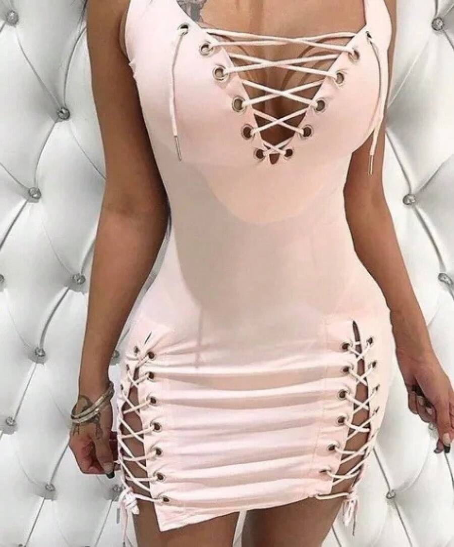 Vestidos para mujer 2025 nuevo verano Color sólido escote en V profundo Sexy ajustado ojal con cordones sin mangas Casual Mini vestido diario - Rosa - Ver 1