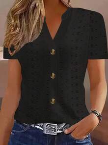 Tops Y2k, blusa informal de verano para mujer, Tops de manga corta con botones y cuello en V, blusas elegantes a la moda, camisas informales holgadas de colores sólidos - XF7780 Negro - Ver 5