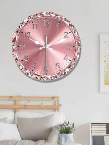 1 pièce Horloge murale romantique rose de luxe 2D plate avec strass, convient pour la décoration de la chambre, du salon, du bureau, taille 10/12 pouces (piles non incluses) - Multicolore - Voir 3