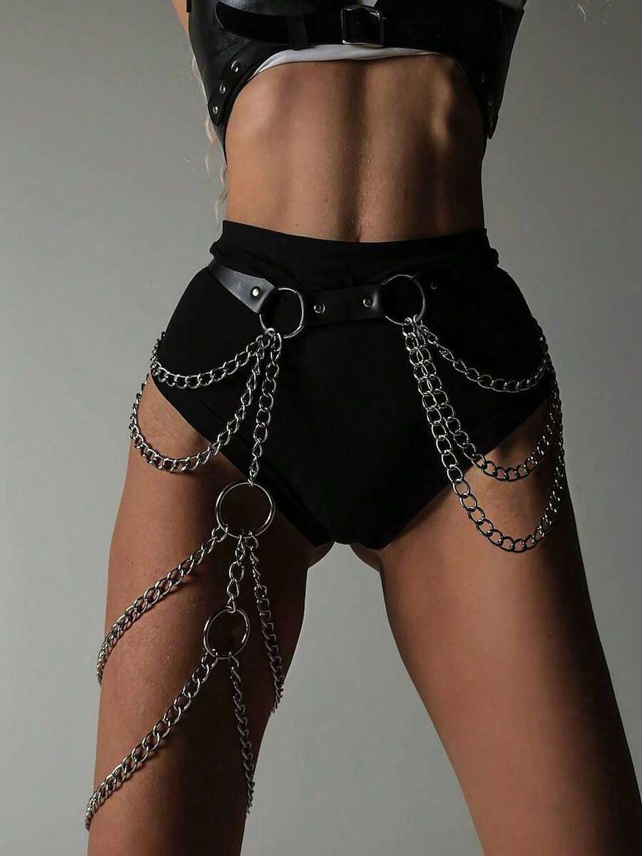 1pc Women's Sexy Gothic Style Dark Color Multi-Layer Chain Leg Harness Asymmetrical Waist Belt, Suitable For Carnival Parties, Bars, Nightclubs, Rave Performances - Black - View 1