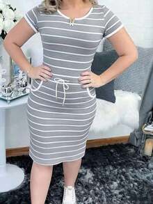 Vestido camisero casual de mujer con rayas, manga corta, cintura con cordón y bolsillos, elegante para el verano - Gris - Ver 9